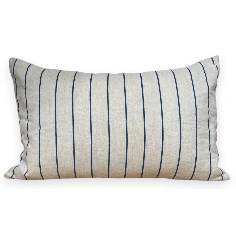 Pottery Barn Lumbar Pillow Beige Blue Striped Linen Cotton Coastal Insert 16x26